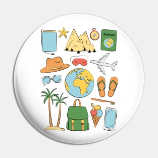 Retro wanderlust traveling art. Cheerful vintage traveler illustration. Pin