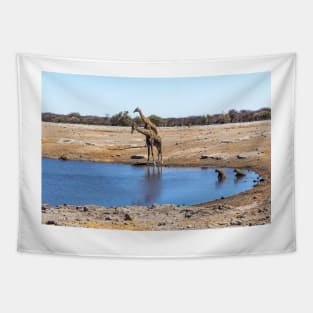 Giraffes and Hyenas at the Water Hole - Etosha, Namibia Tapestry