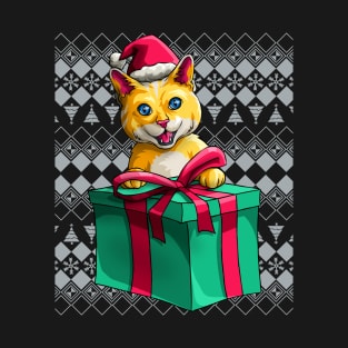 Ugly Christmas Cat Holding Gift Meeowee Christmas T-Shirt