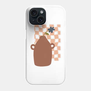 large terracotta vase with single blue flower on checkerboard background Phone Case