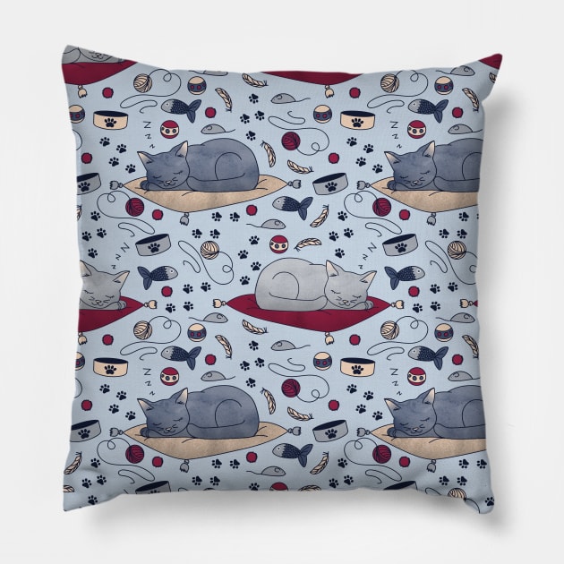 Sleepy Cat Dreams Pattern, Grey Pillow by tanyadraws