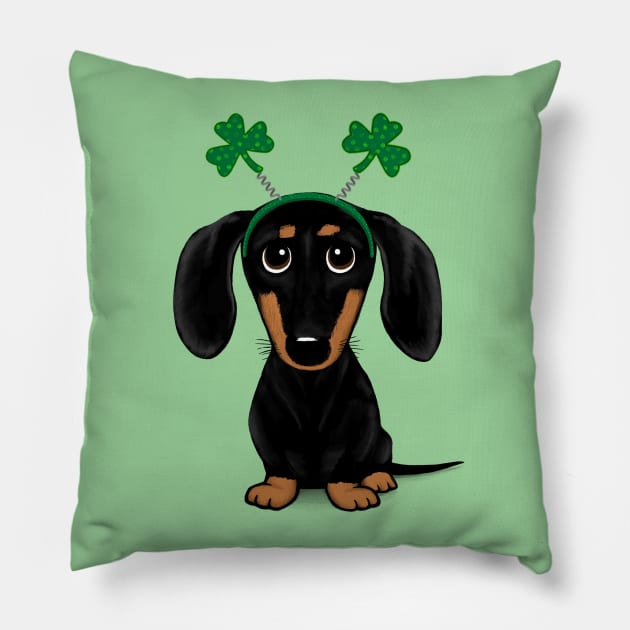 Funny Saint Patrick's Day Dog | Black and Tan Dachshund with Shamrocks Pillow by Coffee Squirrel