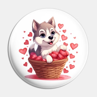 Cartoon Siberian Husky Dog in Hearts Basket Pin