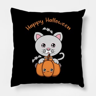 Happy Halloween Cute Cat, Kawaii black cat with pumpkin Pillow