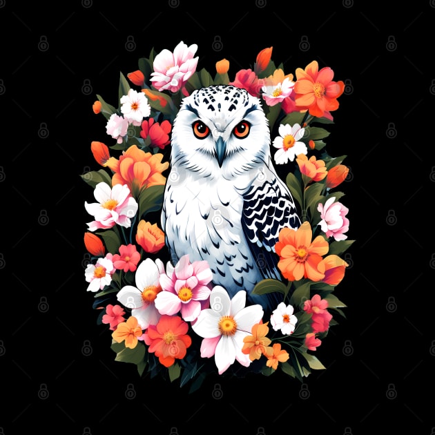 Cute Snowy Owl Surrounded by Bold Vibrant Spring Flowers by BirdsnStuff