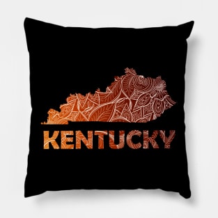 Colorful mandala art map of Kentucky with text in brown and orange Pillow