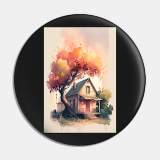 Whimsical Cottage with Peach Tree Watercolor Print Pin