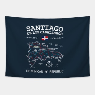 Dominican Republic Map Flag Santiago de los Caballeros Coordinates Roads Rivers and Oceans White Tapestry