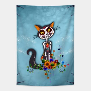 Funny cute sugar cat skeleton with flowers Tapestry