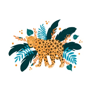 Leopard with orange and teal tropical plants T-Shirt