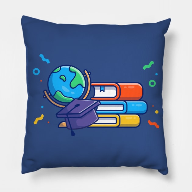 Globe, Graduation Hat And Books Cartoon Pillow by Catalyst Labs