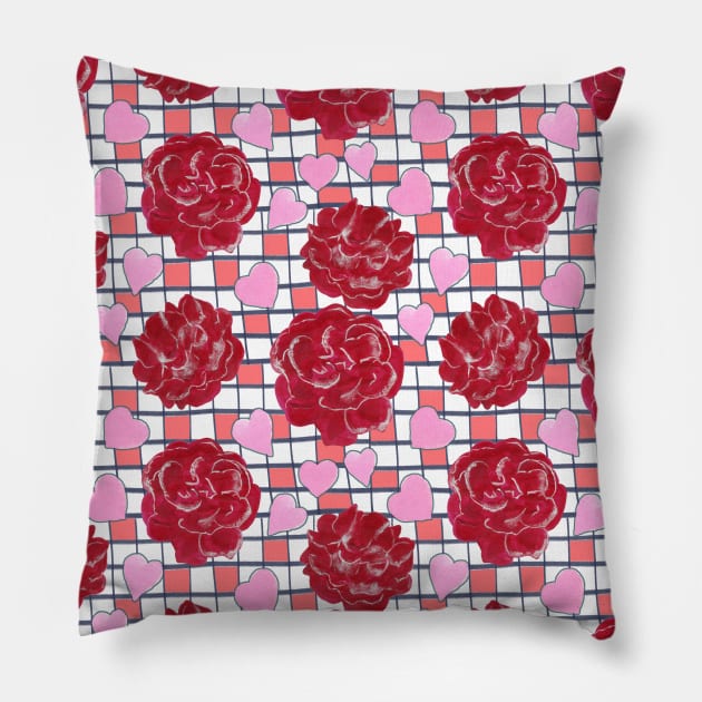 Red Roses, Hearts on Plaid Pattern Pillow by MitaDreamDesign