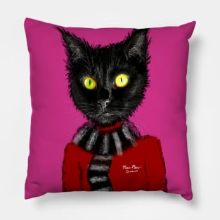 Black cat in a sweater and scarf Pillow