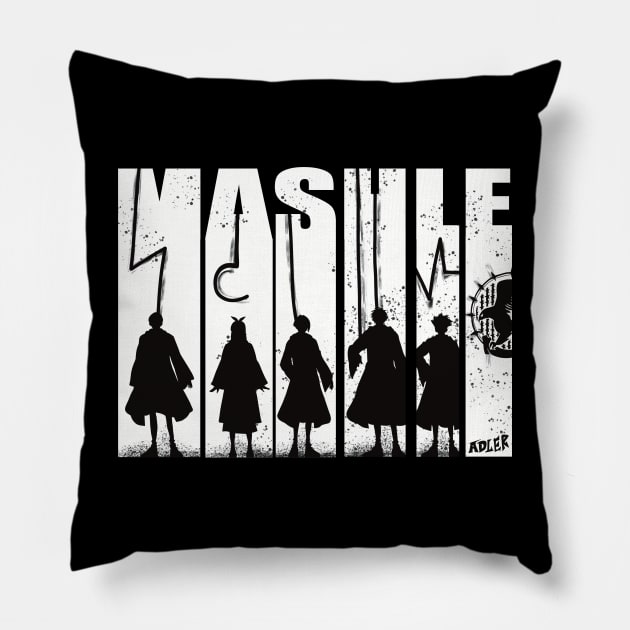 Mashle Magic and Muscles Black and White Vintage Anime Characters Mash Lemon Finn Lance and Dot with Adler Symbol Pillow by Animangapoi