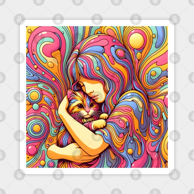 Psychedelic Girl and Cat Magnet by HolidayBug