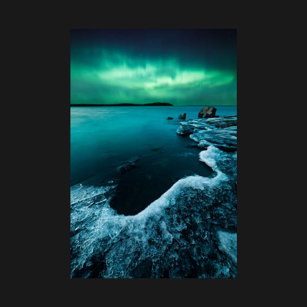 Ice on the lake shore and northern lights landscape by Juhku