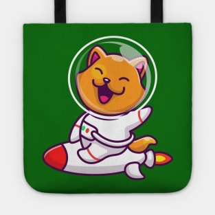 Cute Cat Astronaut Riding Rocket Cartoon Tote