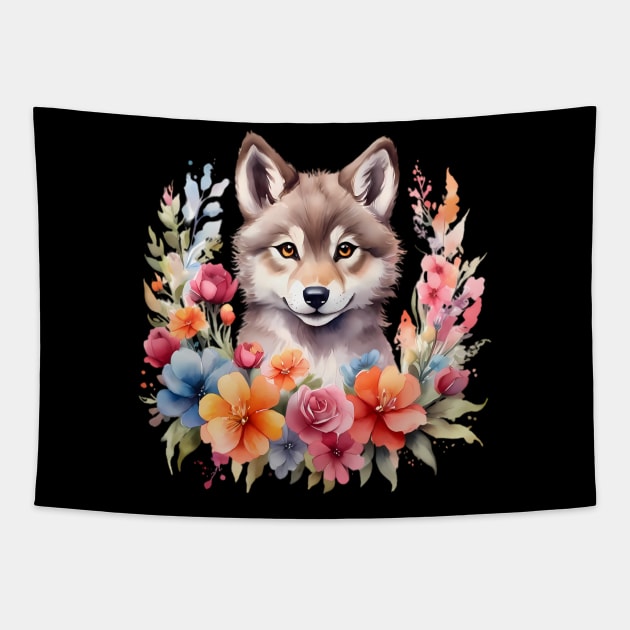 A wolf decorated with beautiful watercolor flowers Tapestry by CreativeSparkzz