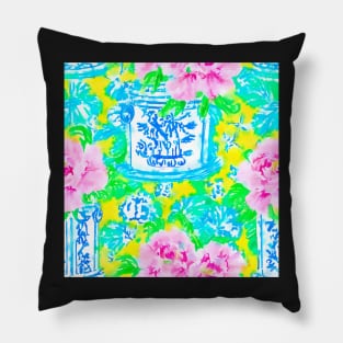 Neon colors chinoiserie jars and peonies watercolor painting Pillow