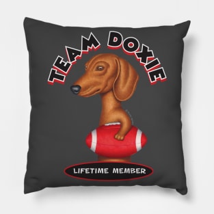 Dachshund Holding Red Football Pillow