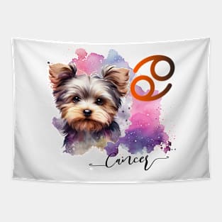 Cancer Zodiac Sign Cute Yorkie Watercolor Art Tapestry