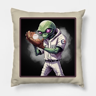 Alien Baseball Player Catching the Ball. Pillow