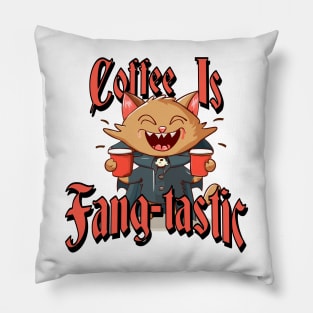 Coffee Is Fang-Tastic | Vampire Cat Holding Cups Pillow