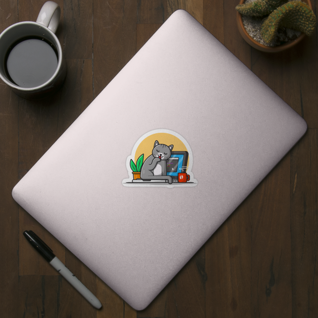 Cute Cat With Laptop Cartoon Vector Icon Illustration. Animal Technology  Icon Concept Isolated Premium Vector - Kitty - Sticker