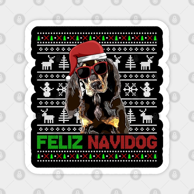 Coonhound Dog Feliz Navidog Funny Christmas Magnet by TheBeardComic