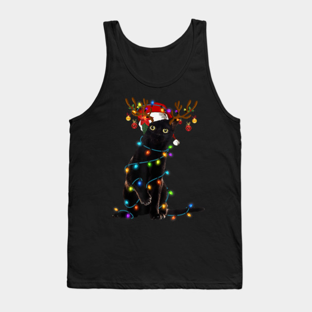 Black Cat Christmas Light T Shirt Funny Cat Lover Christmas T