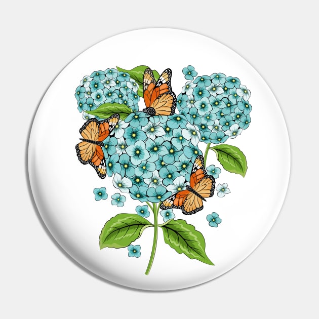 Blue Hydrangea And Monarch Butterflies Pin by Designoholic