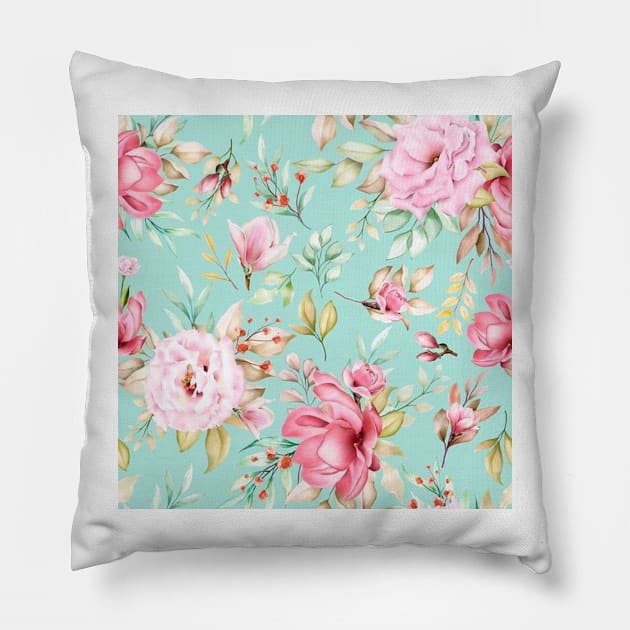 Retro Blue Roses Pattern Pillow by Alexander S.