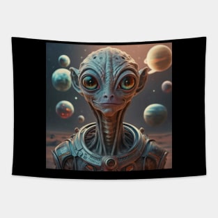 Extraterrestrial alien portrait smiling grey with ears Tapestry