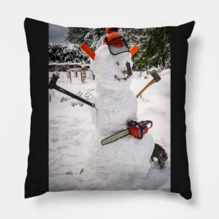 Great Canadian Snowman with chainsaw Pillow