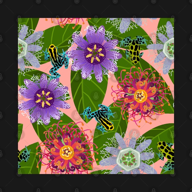 Pretty Poisons: Passionflowers and Poison Dart Frogs on Coral by brittanylane