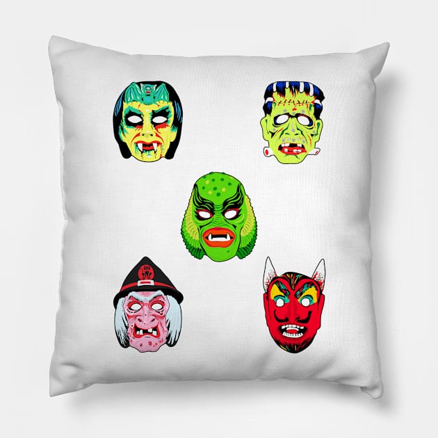 Vintage Horror Mask Set Pillow by Jakmalone