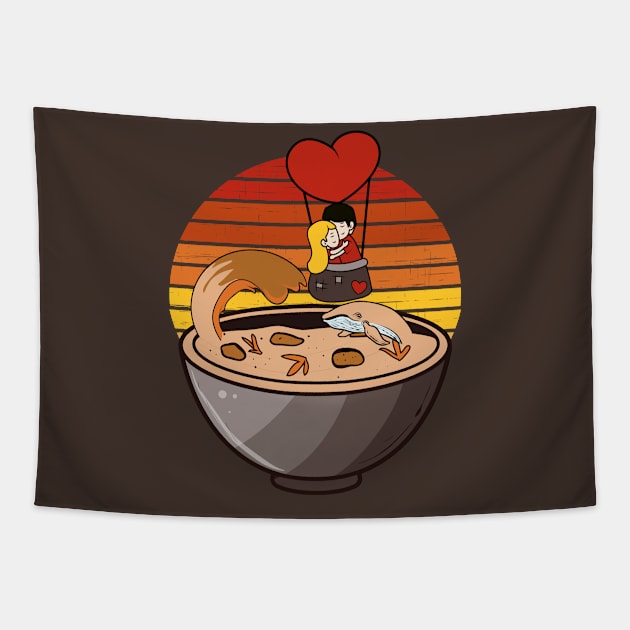 Flying over a ramen sea of noodle soup for Valentine day, whale and waves don't bother Tapestry by alcoshirts