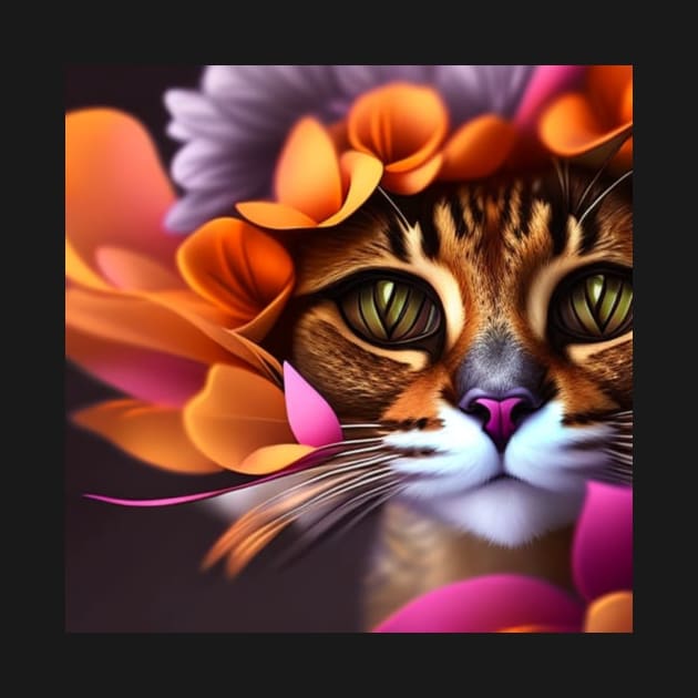 Cat and Flowers | White, brown and red cat with green eyes | Digital art Sticker by withdiamonds