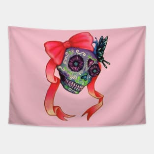 Sugar skull with pink bow Tapestry