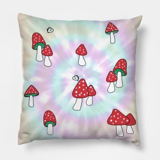 Aesthetic Red Hatted Mushrooms and Butterflies on a Rainbow Pastel Tie Dye Background Pillow