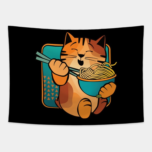 Happy Cat Eating Noodles Tapestry by Sue Cervenka