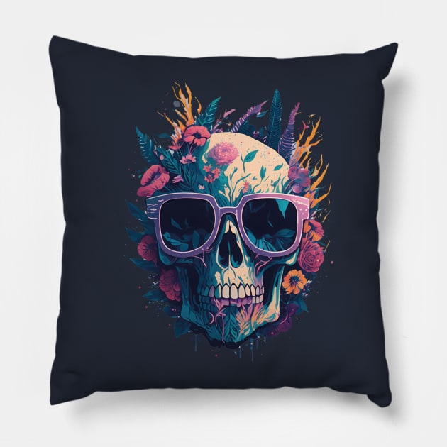 Floral Graffiti Vintage Painting Skull Pillow by admeral