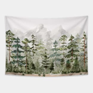 Watercolor Pine Forest on Mountain Tapestry