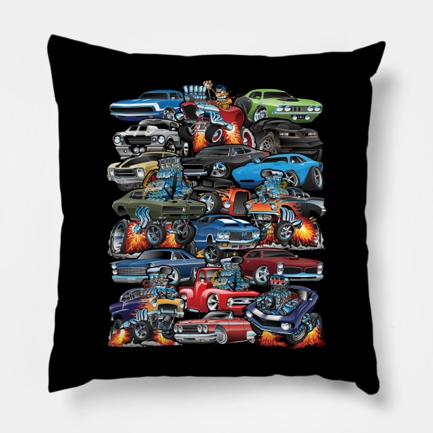 Car Madness! Muscle Cars, Classic Cars and Hot Rods Cartoon Pillow by hobrath