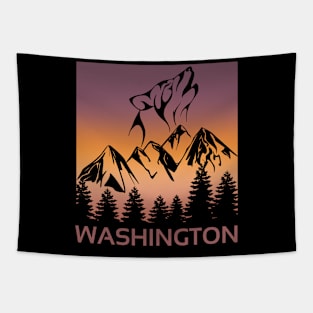 Washington Sunset Wolf Howling at The Moon Trees and Mountains T-Shirt Tapestry