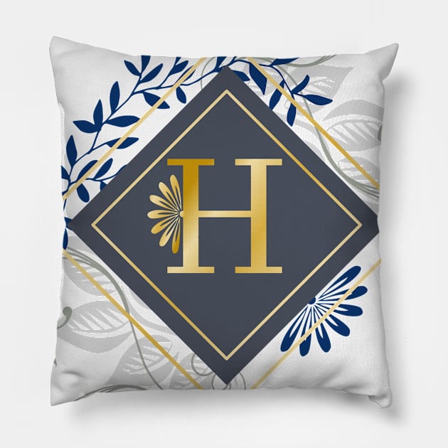 H, blue and gold initial monogram. Pillow by ArtsByNaty