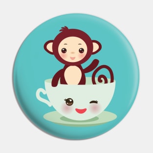 Cute Kawaii cup with brown monkey Pin