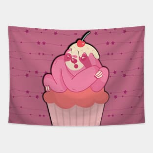 Funny sloth with cupcake in pink Tapestry