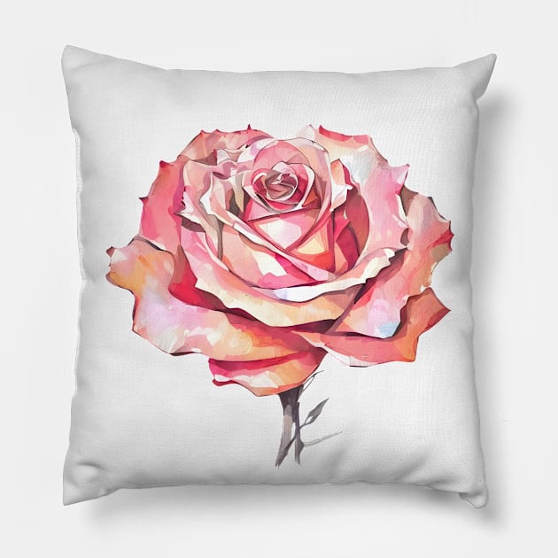 Romantic Orange Pink Hues Isolated Rose Blossom Artistic Watercolor Rose Painting Pillow by PetalsPalette