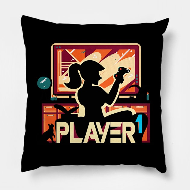 Player One Girlfriend Couple Matching Video Game Pillow by enchantedrealm